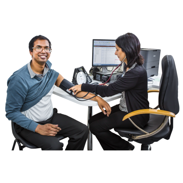 A man having his blood pressure taken by a GP.