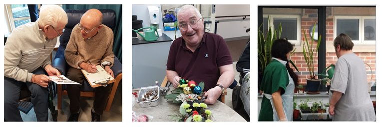 A collage of three pictures: two men filling out forms, a man at a table with flowers, and two people watering plants.