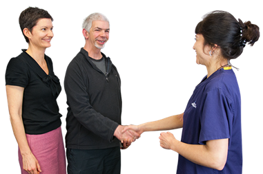 A man accompanied by an advocate shaking hands with a health professional.