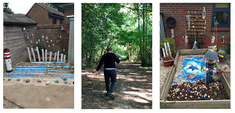 A collage of three images, the first and third being a sea garden made by residents with lighthouse and stones, and the middle of a person walking towards a forest.